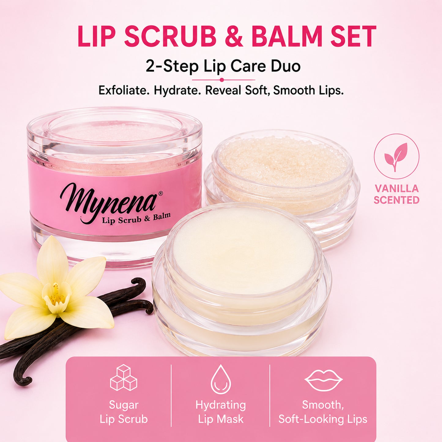 Sugar Lip Scrub & Hydrating Lip Balm Mask Duo for Dry Lips | 2-Step Lip Care Set | Vanilla