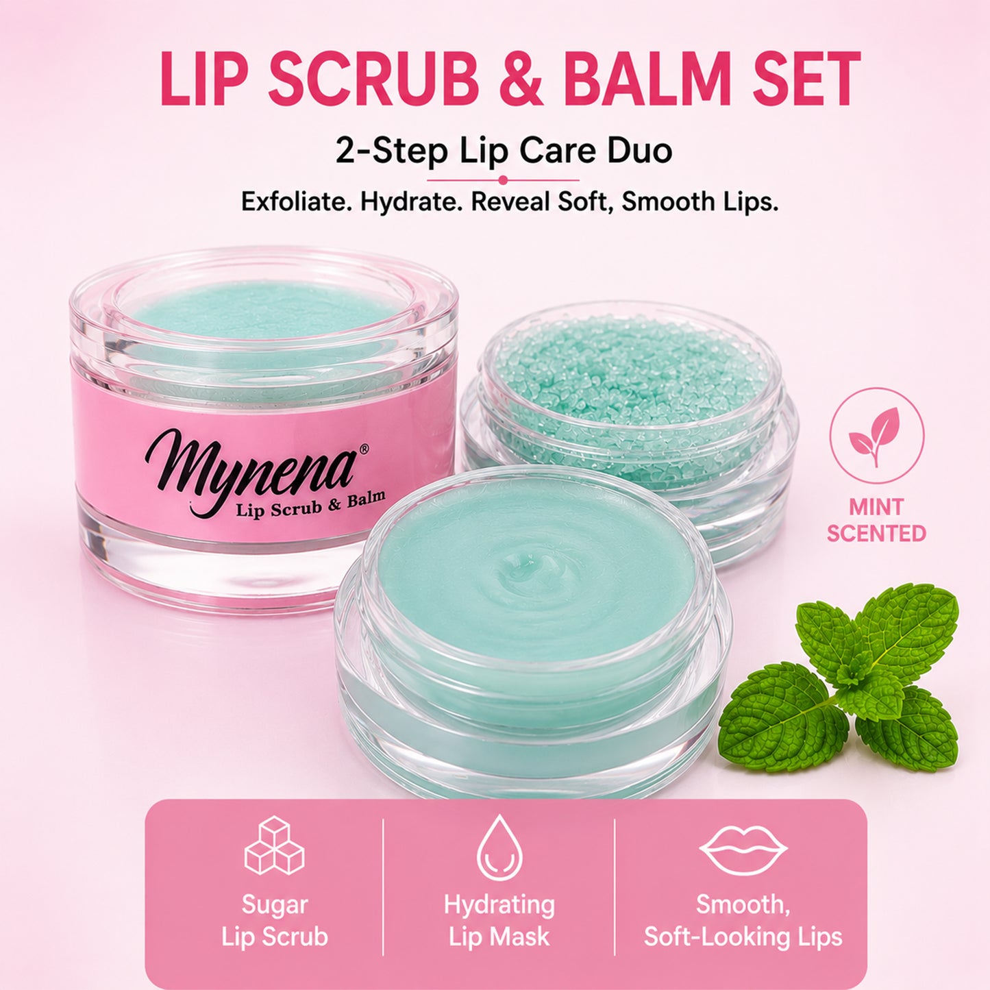 Sugar Lip Scrub & Hydrating Lip Balm Mask Duo for Dry Lips | 2-Step Lip Care Set | Mint